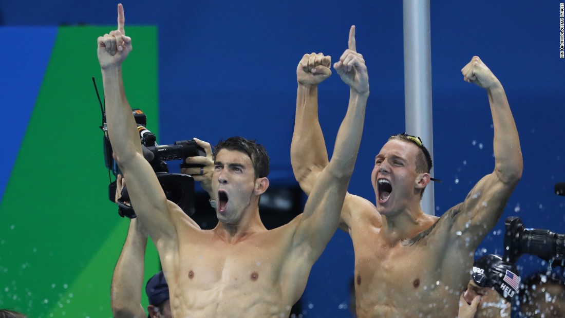 Michael Phelps and Caeleb Dressel of United States celebrate their win the men&#39;s 4 x 100m freestyle relay on day 2 of the Rio 2016 Olympic Games on Sunday, August 7.