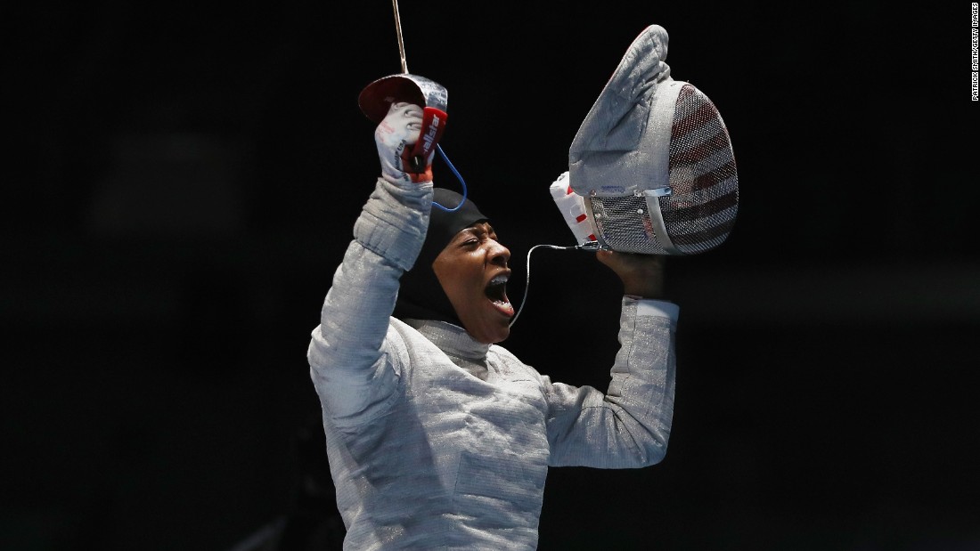 U.S. fencer Ibtihaj Muhammad celebrates after defeating Ukraine&#39;s Olena Kravatska in the individual sabre competition on Monday, August 8. Muhammad is the &lt;a href=&quot;http://www.cnn.com/2016/08/08/sport/ibtihaj-muhammad-individual-sabre-fencing-2016-rio-olympics/index.html&quot; target=&quot;_blank&quot;&gt;first U.S. Olympian to compete in hijab&lt;/a&gt;.