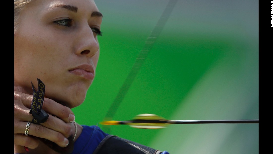 Slovakia&#39;s Alexandra Longova releases an arrow during the women&#39;s individual archery competition on Monday, August 8.