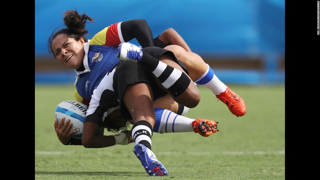 Colombia&#39;s Claudia Betancur tackles Fiji&#39;s Ana Maria Roqica during a rugby sevens match on Sunday, August 7.