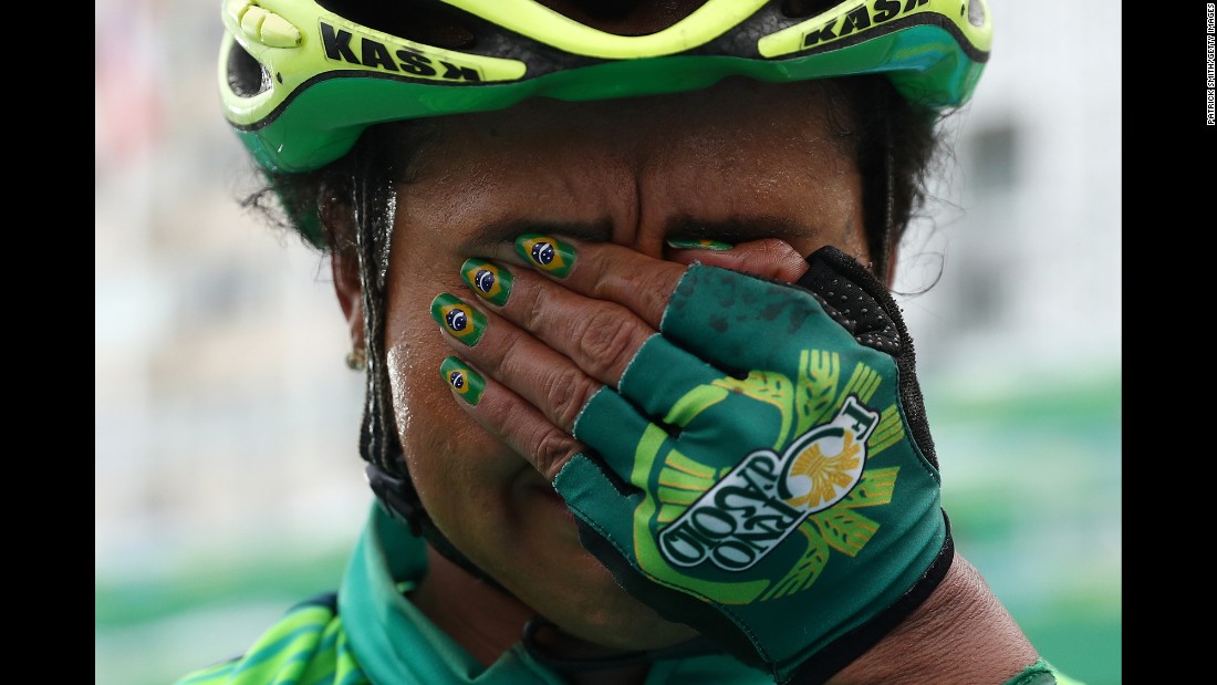 Brazilian cyclist Clemilda Fernandes reacts after finishing the women&#39;s road race on Sunday, August 7.