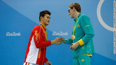China&#39;s Sun Yang shakes hands with Australia&#39;s Mack Horton after the men&#39;s 400m freestyle final.