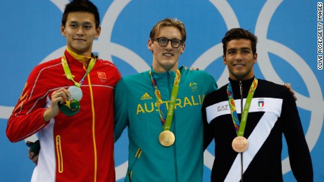 Sun Yang of China, gold medal medalist Mack Horton of Australia and bronze medalist Gabriele Detti of Italy after Men&#39;s 400m Freestyle event at the Rio 2016 Olympic Games.