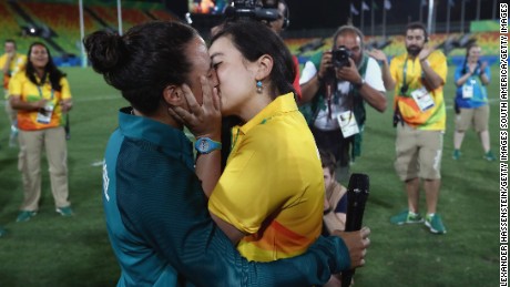  Isadora Cerullo, left, and Marjorie Enya kiss after their Olympic marriage proposal Monday in Rio. 