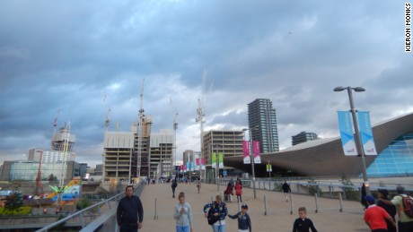 Construction around the Olympic Park, with the Aquatics Center on the right. 