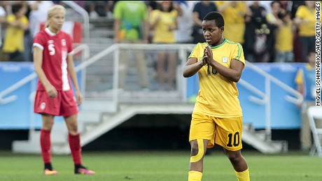 Mavis Chirandu of Zimbabwe celebrates her goal against Canada on Saturday in the Olympics. 