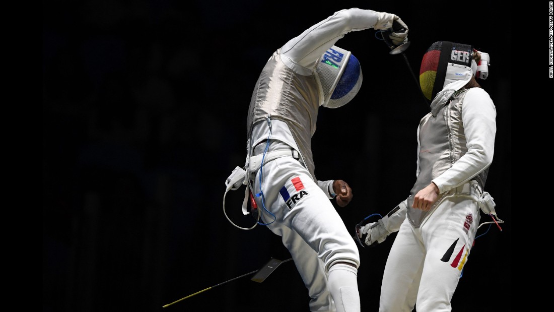A cell phone &lt;a href=&quot;http://www.cnn.com/2016/08/09/sport/french-fencer-drops-phone/&quot; target=&quot;_blank&quot;&gt;falls out of the pocket of French fencer Enzo Lefort&lt;/a&gt; as he competes against Germany&#39;s Peter Joppich on Sunday, August 7.