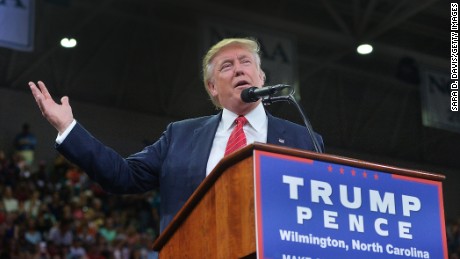 Republican presidential candidate Donald Trump addresses the audience during a campaign event at Trask Coliseum on August 9, 2016 in Wilmington, North Carolina.