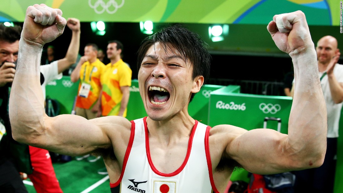 Japanese gymnast Kohei Uchimura celebrates after &lt;a href=&quot;http://edition.cnn.com/2016/08/10/sport/mens-gymnastics-kohei-uchimura/index.html&quot; target=&quot;_blank&quot;&gt;winning the individual all-around.&lt;/a&gt; Uchimura also won the all-around in 2012.