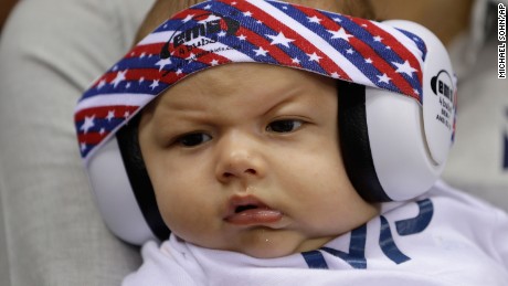 Michael Phelps&#39; son Boomer wears ear protection during the swimming events at the Rio Olympics.