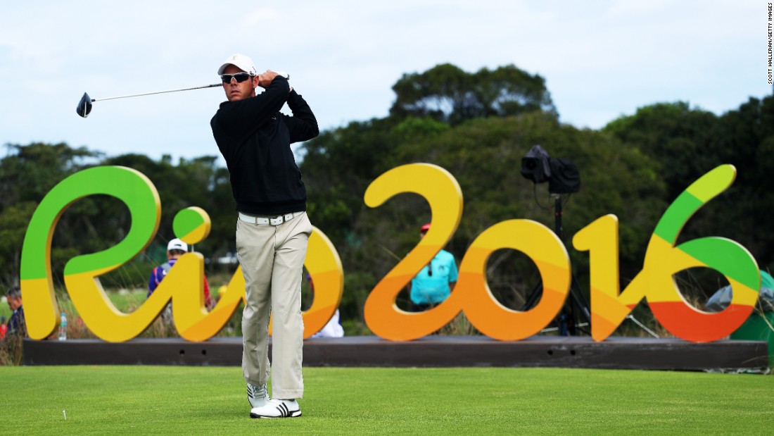 South Africa&#39;s Jaco van Zyl hits a tee shot during the first round of the golf competition.
