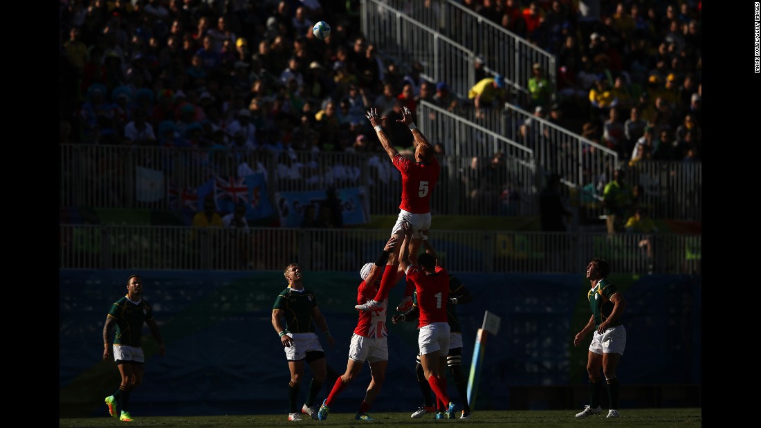 British rugby player James Rodwell rises during a lineout against South Africa.