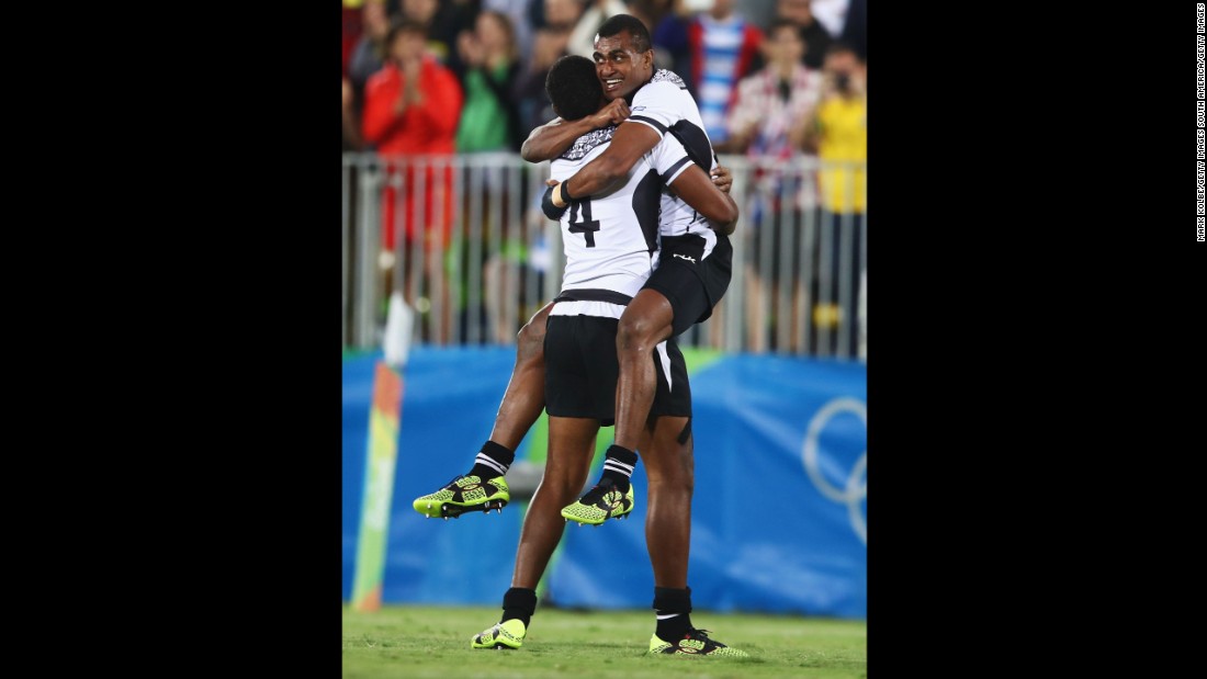 Apisai Domolailai and Viliame Mata celebrate after Fiji &lt;a href=&quot;http://www.cnn.com/2016/08/11/sport/fiji-rugby-olympics-sevens-rio-2016/index.html&quot; target=&quot;_blank&quot;&gt;won its first-ever Olympic medal&lt;/a&gt; with a 43-7 victory over Great Britain in the rugby sevens final.
