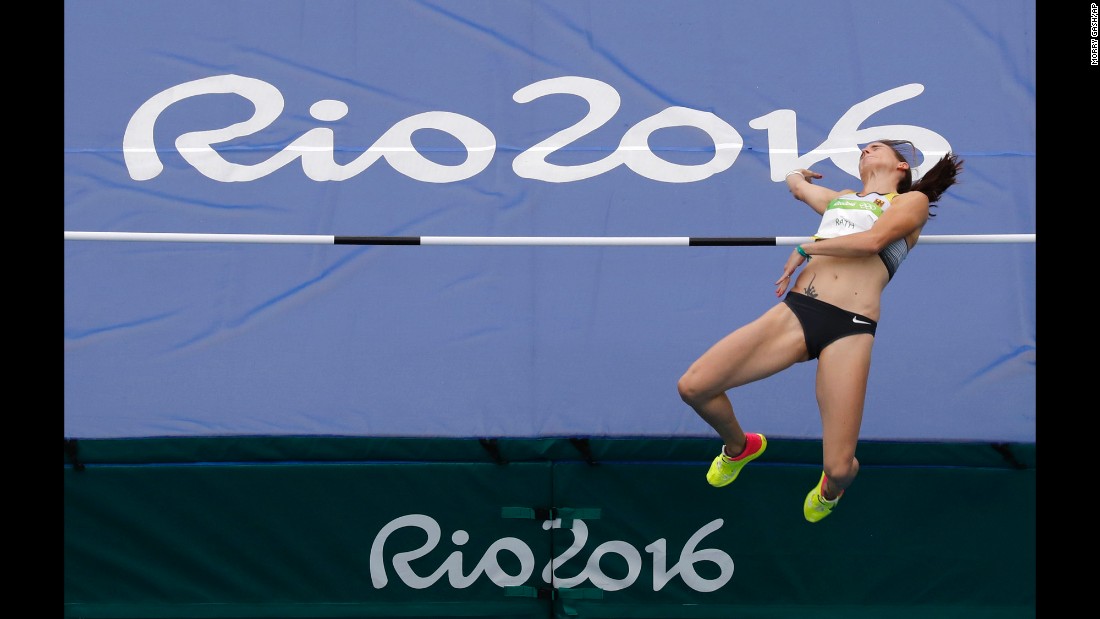 Germany&#39;s Claudia Rath competes in the high jump portion of the heptathlon.