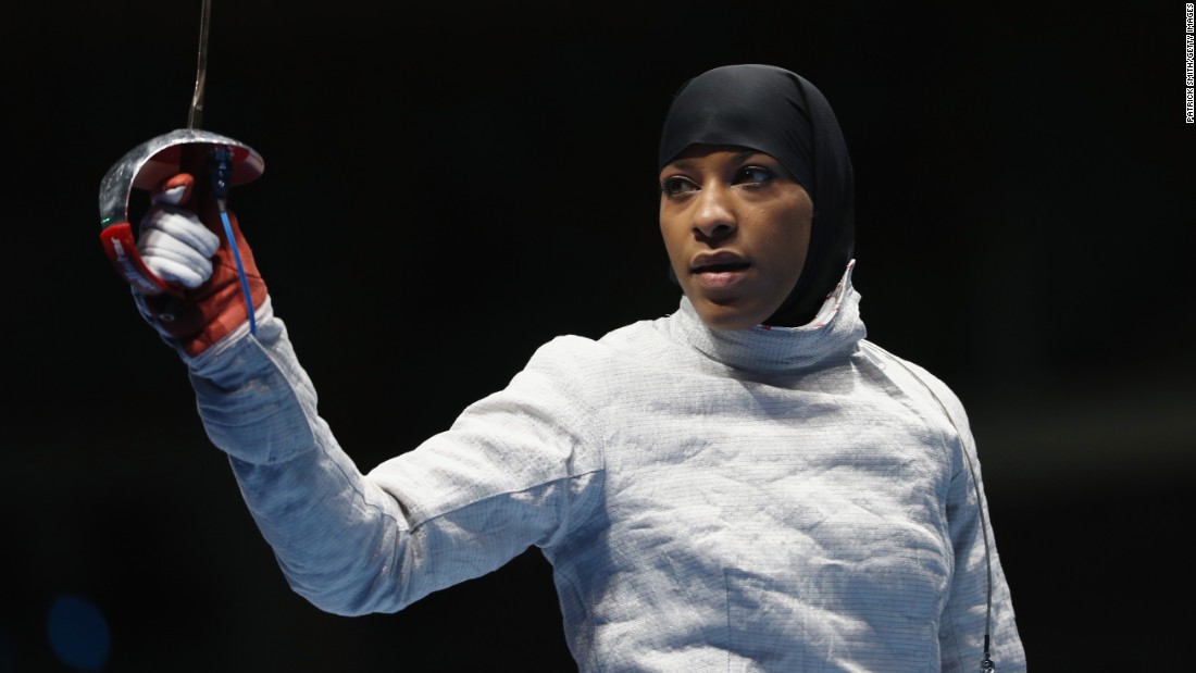 Ibtihaj Muhammad competed in the women&#39;s individual sabre, earning her the title of first U.S. athlete to compete wearing a hijab, a religious head covering sometimes worn by Muslim women. 
