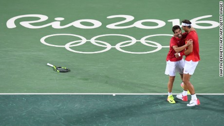 Spain&#39;s Rafael Nadal and Marc Lopez celebrate after winning the men&#39;s doubles final in Rio.