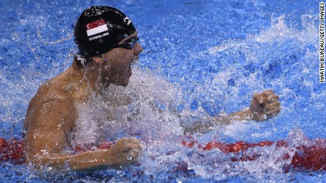 Singapore&#39;s Joseph Schooling celebrates after the Men&#39;s 100m Butterfly Final during the swimming event at the Rio 2016 Olympic Games at the Olympic Aquatics Stadium in Rio de Janeiro on August 12, 2016.   / AFP / Martin BUREAU        (Photo credit should read MARTIN BUREAU/AFP/Getty Images)