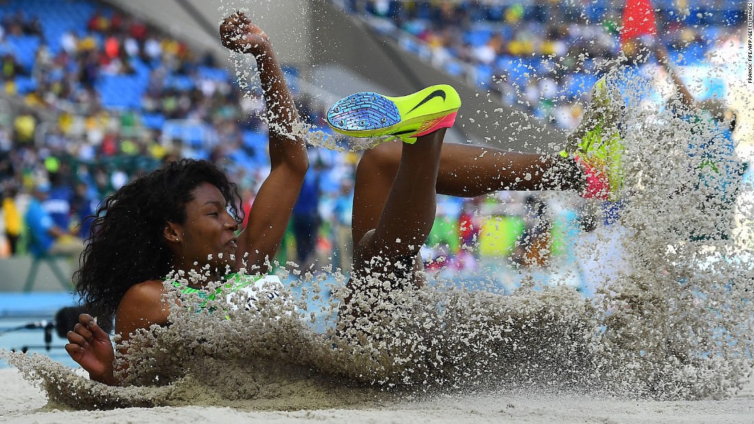 Brazil&#39;s Nubia Soares lands in the women&#39;s triple jump qualifying round.