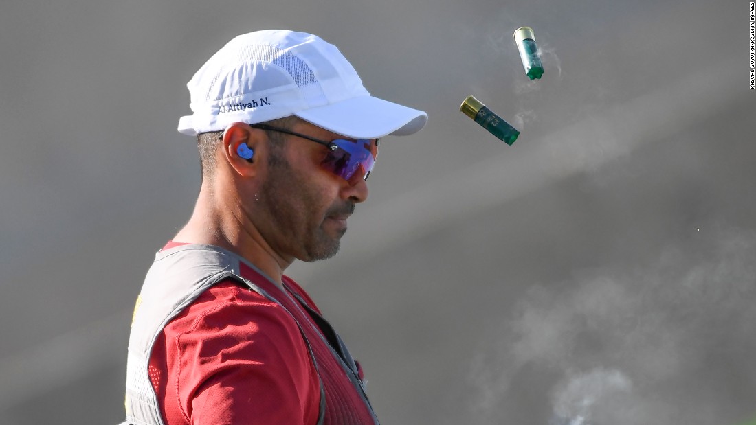 Qatar&#39;s Nasser Al-Attiya competes during the skeet  shooting qualifications.