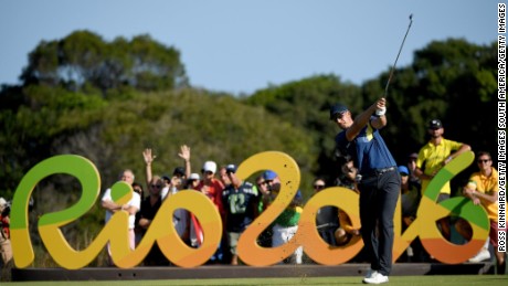 Henrik Stenson of Sweden tees off on the 16th hole during the third round at the Rio Olympics.