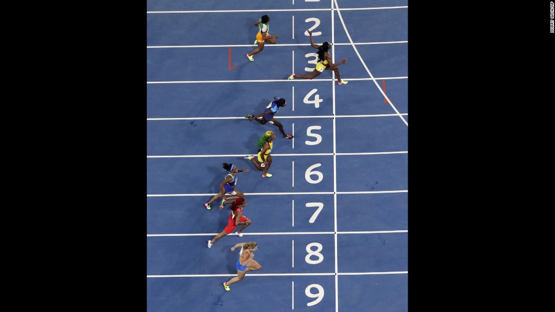 Jamaica&#39;s Elaine Thompson, second from top, wins the 100-meter final on Saturday, August 13. Third-placed teammate Shelly-Ann Fraser-Pryce fell short in her bid to win the event for a record third successive Olympics.