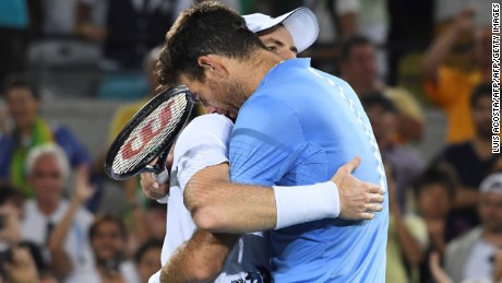 Juan Martin Del Potro and Andy Murray embrace after their memorable gold medal match at the Rio Olympics.  