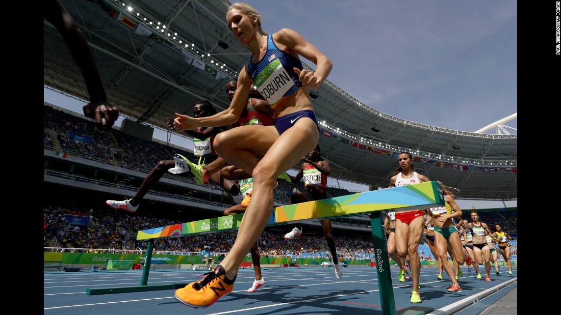 U.S. athlete Emma Coburn competes in the 3,000-meter steeplechase final. She won the bronze.
