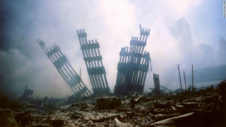 Remains of the World Trade Center are seen amid the debris.
