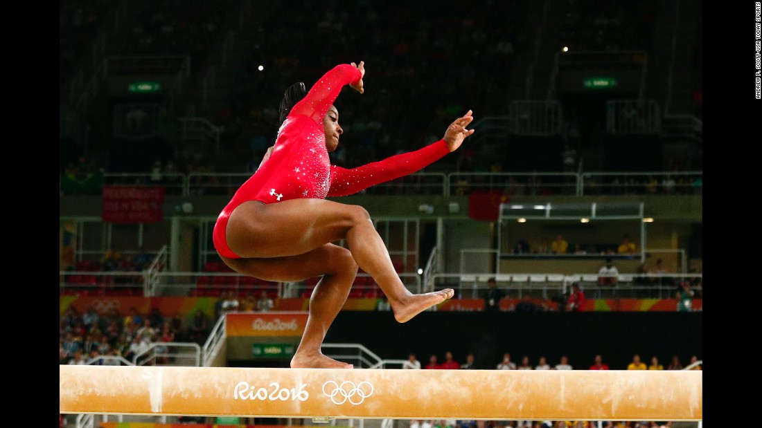 U.S. gymnast Simone Biles, who has already won the individual all-around and the vault, wobbles during the balance beam finals on Monday, August 15. She finished with the bronze. 