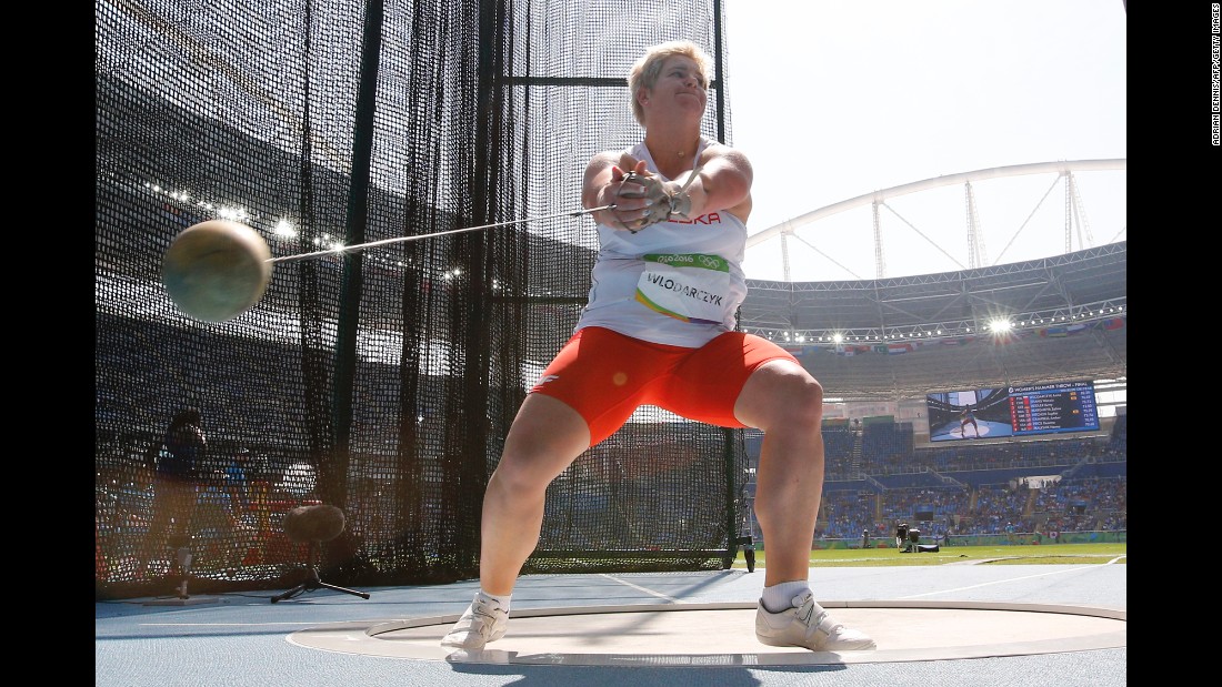 Poland&#39;s Anita Wlodarczyk competes in the hammer throw final, where she broke her own world record on her way to winning gold. Her record throw was 82.29 meters (269 feet, 11 inches). 