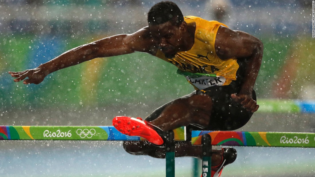 Jamaica&#39;s Deuce Carter competes in the 110-meter hurdles.