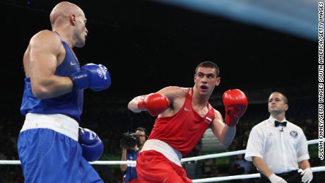  Evgeny Tishchenko (red) faced Kazakhstan&#39;s Vassiliy Levit in the heavyweight final at Rio 2016.
 