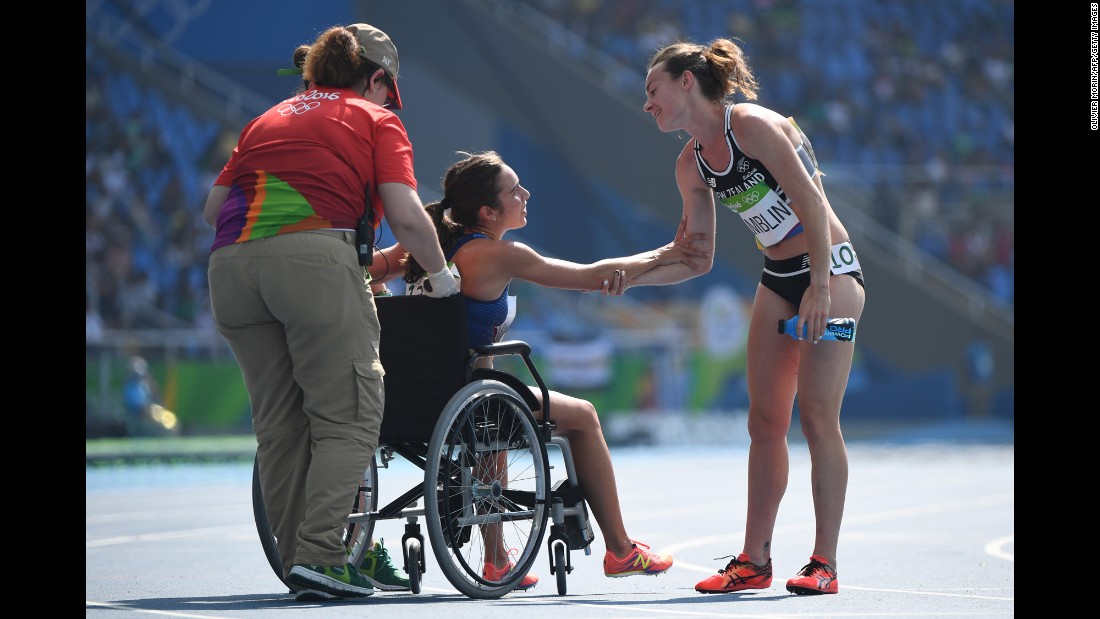 Abbey D&#39;Agostino of the United States leaves the track on a wheelchair after twisting her ankle in the 5000-meter semifinal on Tuesday, August 16. D&#39;Agostino and New Zealand&#39;s Nikki Hamblin, right, &lt;a href=&quot;http://www.nbcolympics.com/video/us-runner-finishes-race-after-falling-hard&quot; target=&quot;_blank&quot;&gt;collided during the race&lt;/a&gt; but helped each other up and managed to make it to the finish line.
