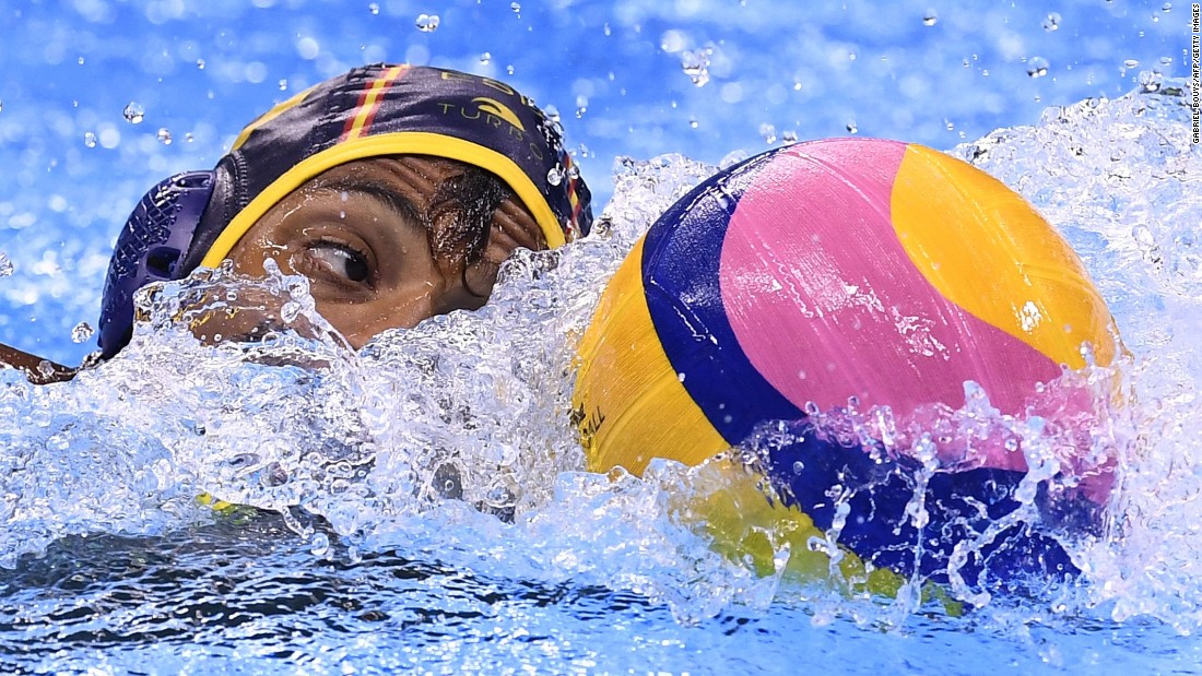 Spain&#39;s Francisco Fernandez competes in a water polo quarterfinal match against Serbia.