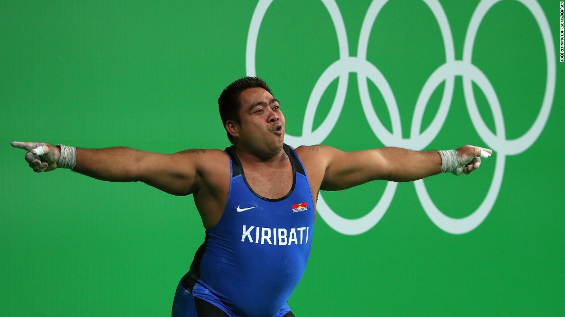David Katoatau of Kiribati dances during the 105-kilogram (231-pound) weightlifting final on Monday, August 15. He finished sixth overall.