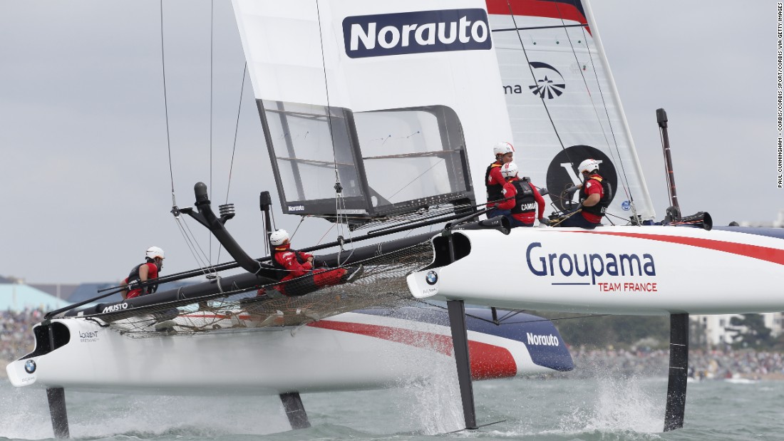Groupama Team France&#39;s yacht takes flight as it races in Portsmouth in July. The 2015-16 World Series has allowed teams to gather racing data from the AC45 catamarans as they fine-tune the AC50 designs.