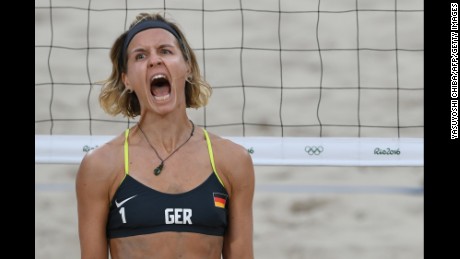 German beach volleybal player Laura Ludwig, shown here during the semi-finals, was booed whenever she served to the Brazilian team in the gold medal match. 