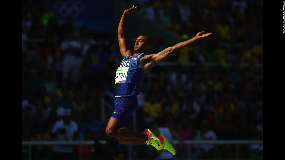 U.S. athlete Ashton Eaton takes part in the long jump portion of the decathlon. Eaton won the decathlon at the London Games in 2012.