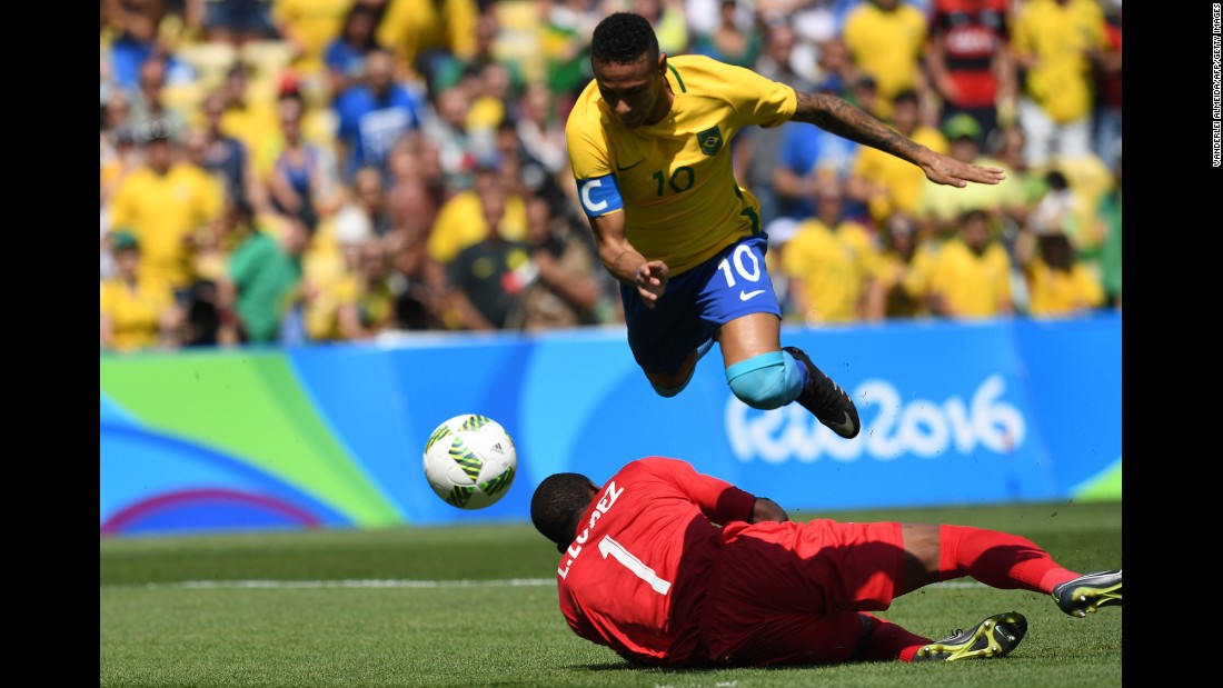Brazilian soccer star Neymar goes for goal during a semifinal match against Honduras. He scored within the first 15 seconds, and &lt;a href=&quot;http://www.cnn.com/2016/08/17/sport/brazil-beats-honduras-to-set-up-rematch-with-germany-in-olympic-final/index.html&quot; target=&quot;_blank&quot;&gt;Brazil won 6-0.&lt;/a&gt;