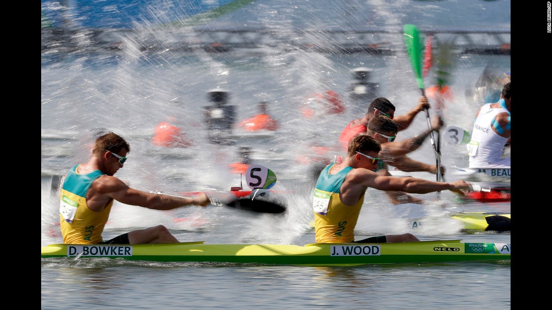 Australia&#39;s Daniel Bowker and Jordan Wood paddle during the K-2 200 meters.