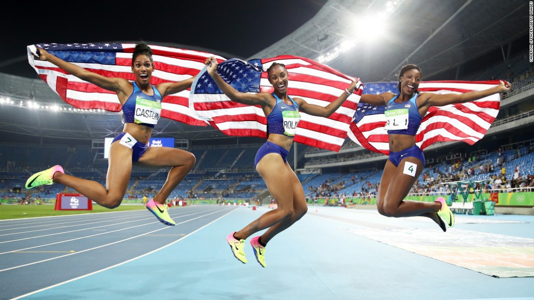 Americans swept the final of the 100-meter hurdles. From left are bronze medalist Kristi Castlin, gold medalist Brianna Rollins and silver medalist Nia Ali.