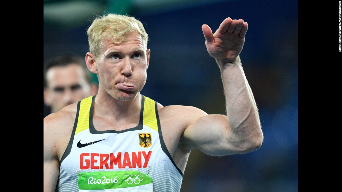 German decathlete Arthur Abele gestures during the javelin portion of the event.