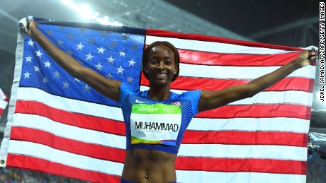 USA&#39;s Dalilah Muhammad celebrates winning the gold in the Women&#39;s 400m Hurdles Final during the athletics event at the Rio 2016 Olympic Games at the Olympic Stadium in Rio de Janeiro on August 18, 2016.   / AFP / Jewel SAMAD        (Photo credit should read JEWEL SAMAD/AFP/Getty Images)