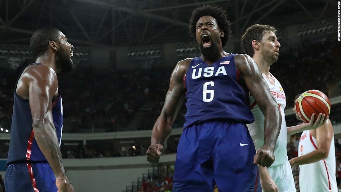 DeAndre Jordan (No. 6) celebrates a dunk during a semifinal victory against Spain. The Americans won 82-76 and will play Serbia in the gold-medal game.