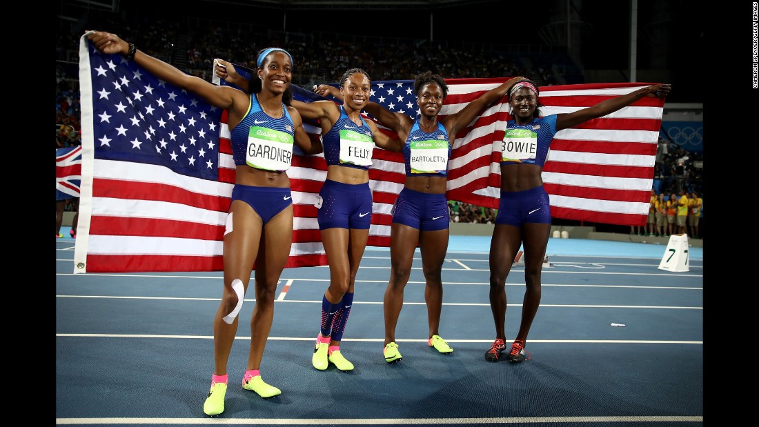The United States won gold in the women&#39;s 4x100. The winning team was comprised of English Gardner, Allyson Felix, Tianna Bartoletta and Tori Bowie.