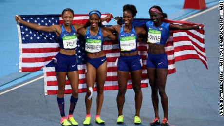 English Gardner, Allyson Felix, Tianna Bartoletta and Tori Bowie of the United States celebrate winning gold in the women&#39;s 4 x 100m relay final in Rio.