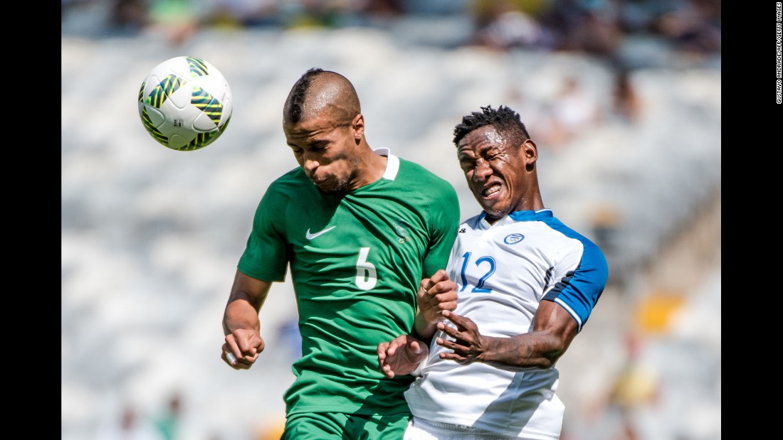 Nigeria&#39;s William Ekong, left, and Romell Quioto of Honduras jump for a header during their bronze medal soccer match. The Nigerian team won its country&#39;s first Olympic medal since the Beijing 2008 Games and its third soccer medal in its history.