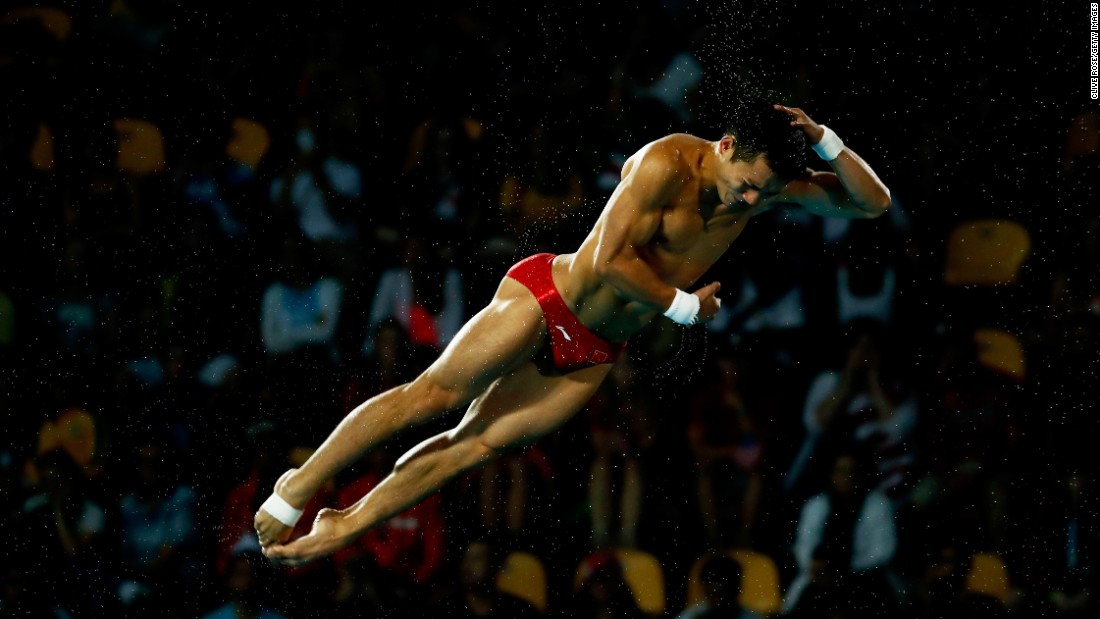Bo Qiu of China competes during the men&#39;s diving 10-meter platform final. China&#39;s Aisen Chen would go on to win gold in the event.