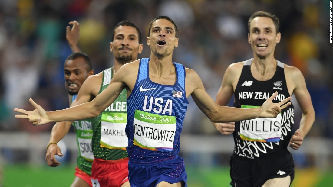 America&#39;s Matt Centrowitz, center, reacts after winning the men&#39;s 1,500-meter final followed by silver medallist Taoufik Makhloufi of Algeria, left, and bronze medallist Nick Willis of New Zealand, right. This is the first gold medal for the United States in the event since 1908.