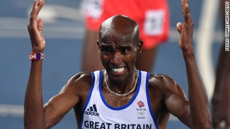 Britain&#39;s Mo Farah reacts after winning the men&#39;s 5,000m final.